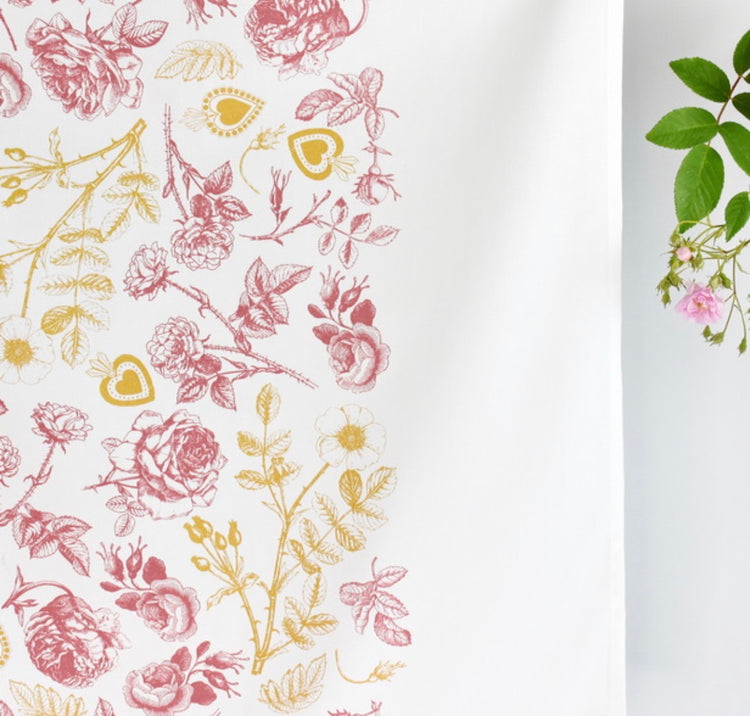 NEW! Queen of Hearts Tea Towel – Handmade Slovenian Rose & Gold Linen | Slovenska Kuhinja