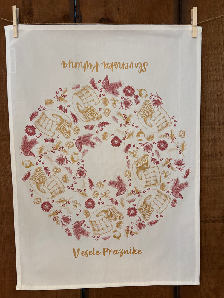 Festive Tea Towel – Slovenska Kuhinja Dual Design | Vesele Praznike & Slovenska Kuhinja | Handmade Slovenian Kitchen Linen