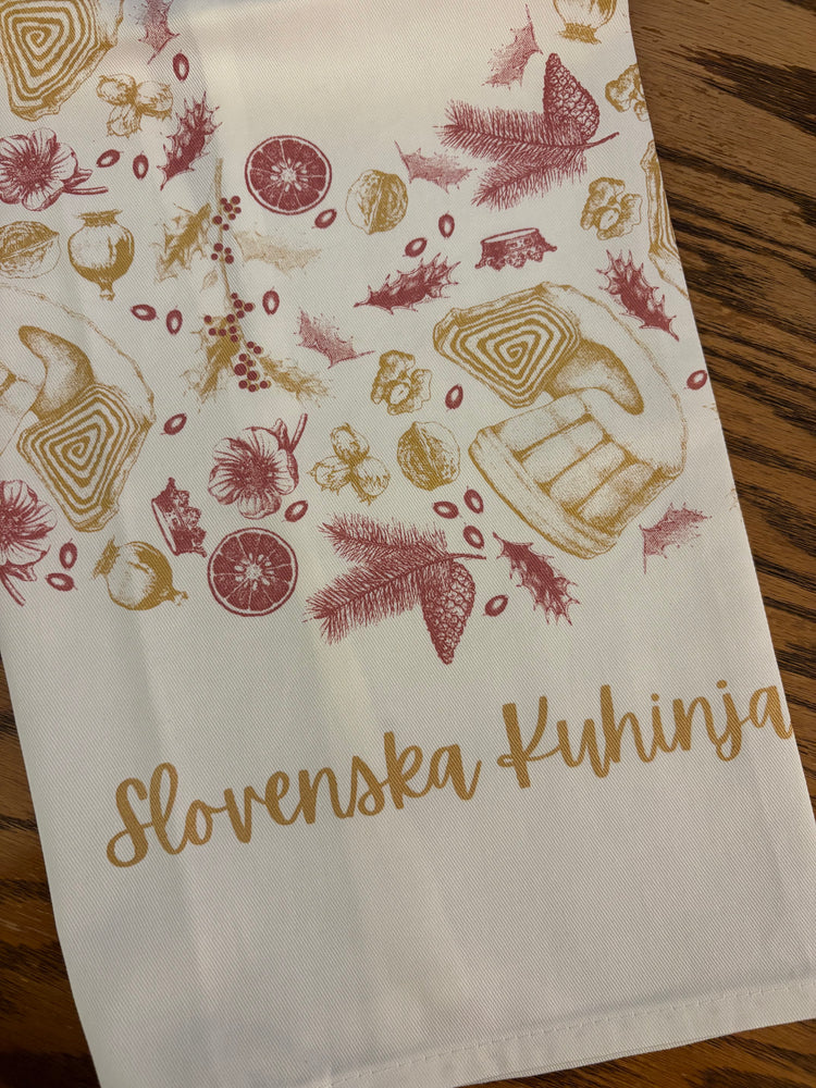 Festive Tea Towel – Slovenska Kuhinja Dual Design | Vesele Praznike & Slovenska Kuhinja | Handmade Slovenian Kitchen Linen