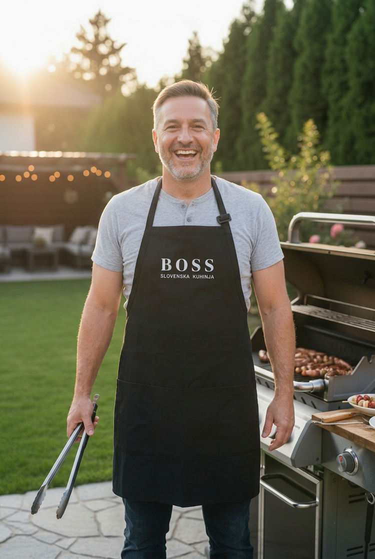 BOSS apron with an open pose at a cheerful backyard barbecue