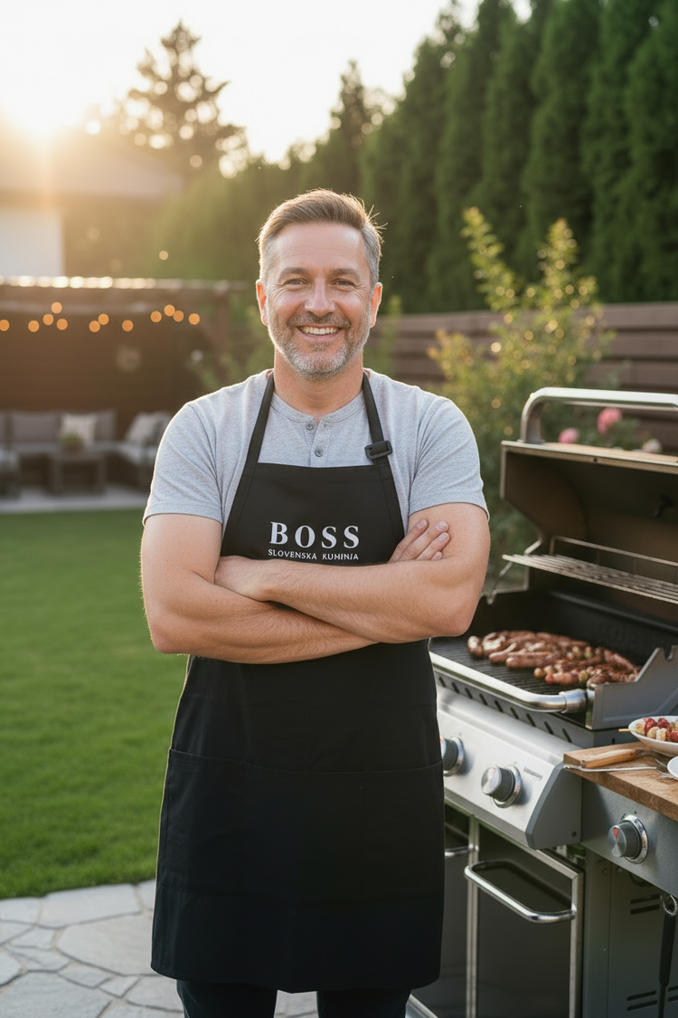 Close-up of BOSS apron wording at backyard BBQ