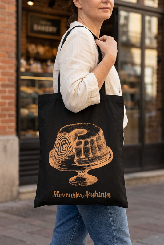 Potica tote bag worn on a woman’s shoulder