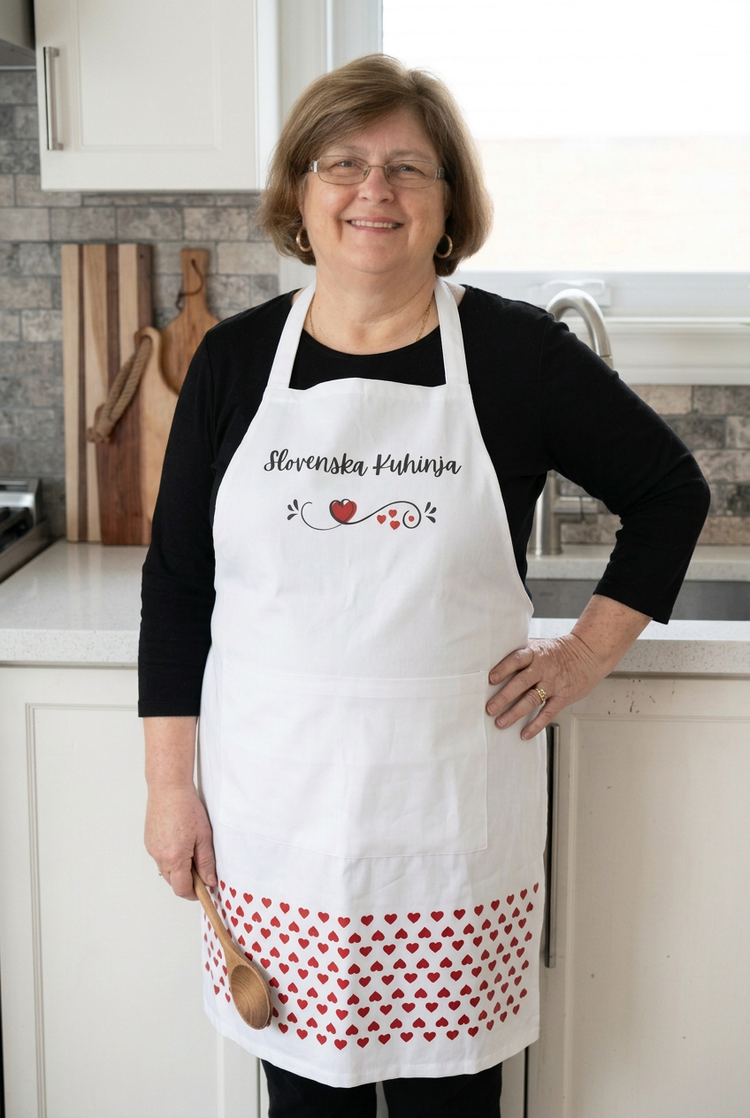 Your mom wearing the white apron with one hand on her hip and a wooden spoon in the other