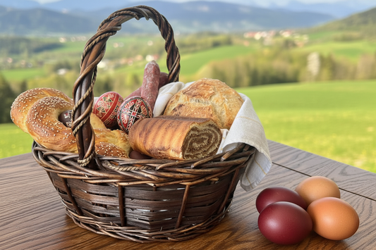 Traditional Slovenian Easter basket with potica, braided sesame bread, smoked sausage, and naturally dyed pirhi eggs on a rustic table — Velika noč traditions