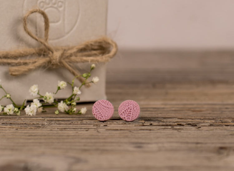 Dusty Rose Lace Embossed Earrings – Slovenian Handmade Polymer Clay Jewelry