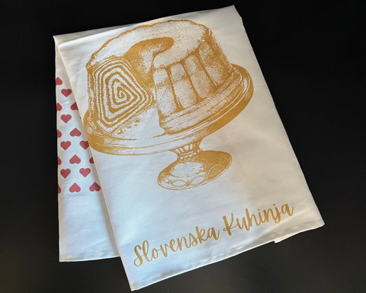 Slovenska Kuhinja 5th Anniversary Tea Towel – Golden Potica Design | Handmade Slovenian Kitchen Linen