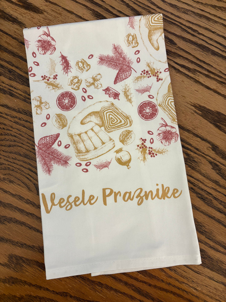Festive Tea Towel – Slovenska Kuhinja Dual Design | Vesele Praznike & Slovenska Kuhinja | Handmade Slovenian Kitchen Linen
