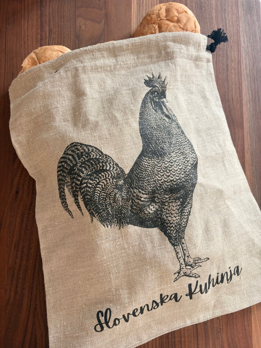 New! Handmade Slovenian Linen Bread Bag – Rooster (Petelin) Design | Slovenska Kuhinja