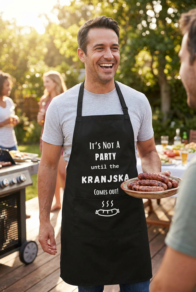 Apron on a laughing host at a sunny backyard cookout