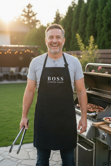 BOSS apron with an open pose at a cheerful backyard barbecue