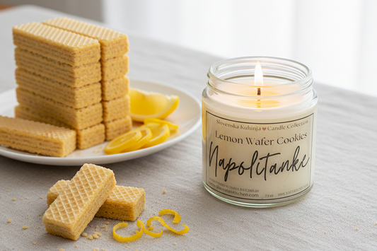 Candle labeled 'Lemon Wafer Cookies Napolitanke' with lemon wafer cookies on a plate.