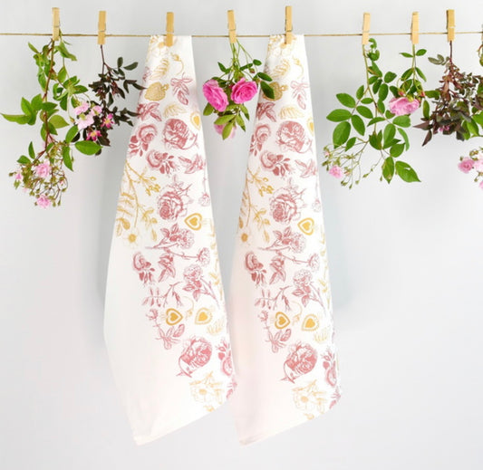 Queen of Hearts handmade Slovenian kitchen towel, floral rose and gold design