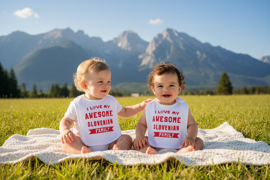 Slovenian Baby Bib - Two Babies on Blanket with Alps