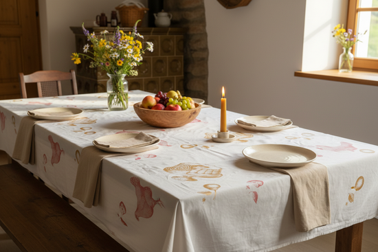 Slovenian Cotton Tablecloth on Farmhouse Table