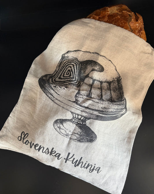 Slovenian linen bread bag with the Queen Potica design from the Slovenska Kuhinja Collection, handmade 100% linen bakery bag for storing bread.