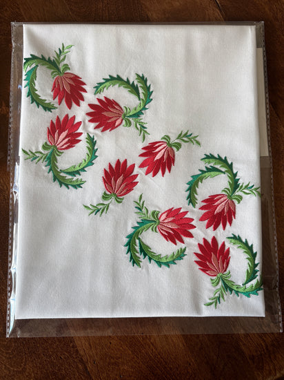 Handmade Slovenian Easter Basket Cover from Slovenska Kuhinja, embroidered with red and green cvetje, crafted in Slovenia for traditional Easter celebrations and festive baskets.
