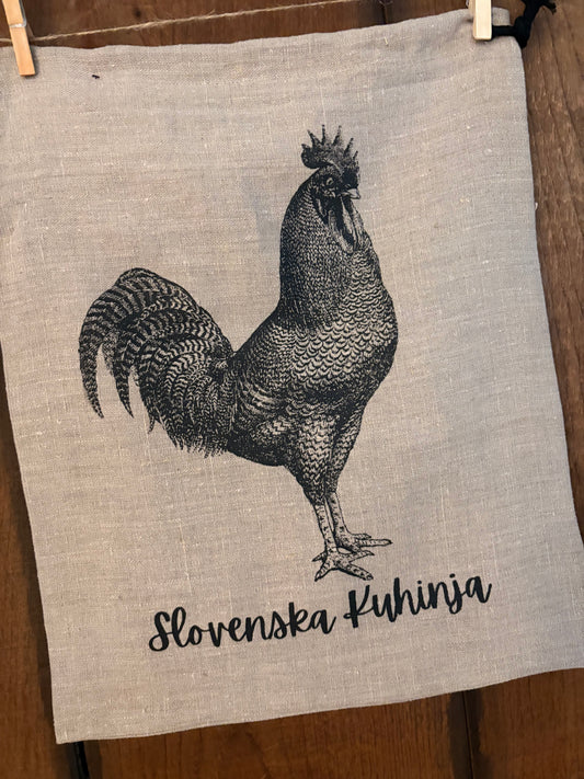 Handmade Slovenian linen bread bag from Slovenska Kuhinja, hand-printed with rooster (petelin) design, 100% linen, natural moisture-regulating, eco-friendly.