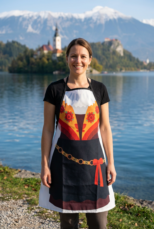 Woman wearing the ladies’ Slovenian noša apron at Lake Bled