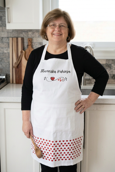 Your mom wearing the white apron with one hand on her hip and a wooden spoon in the other